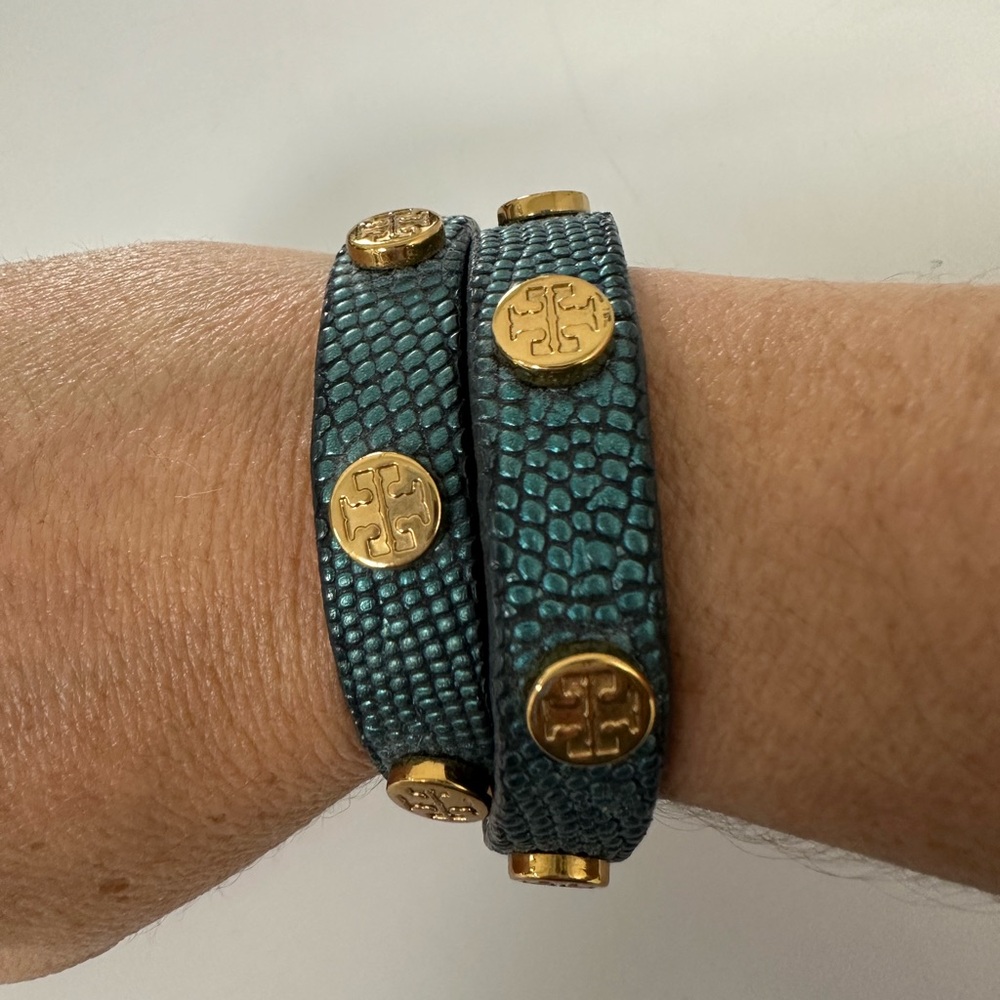 Tory Burch Teal Blue and Gold Wrap Bracelet with Gold Studs
